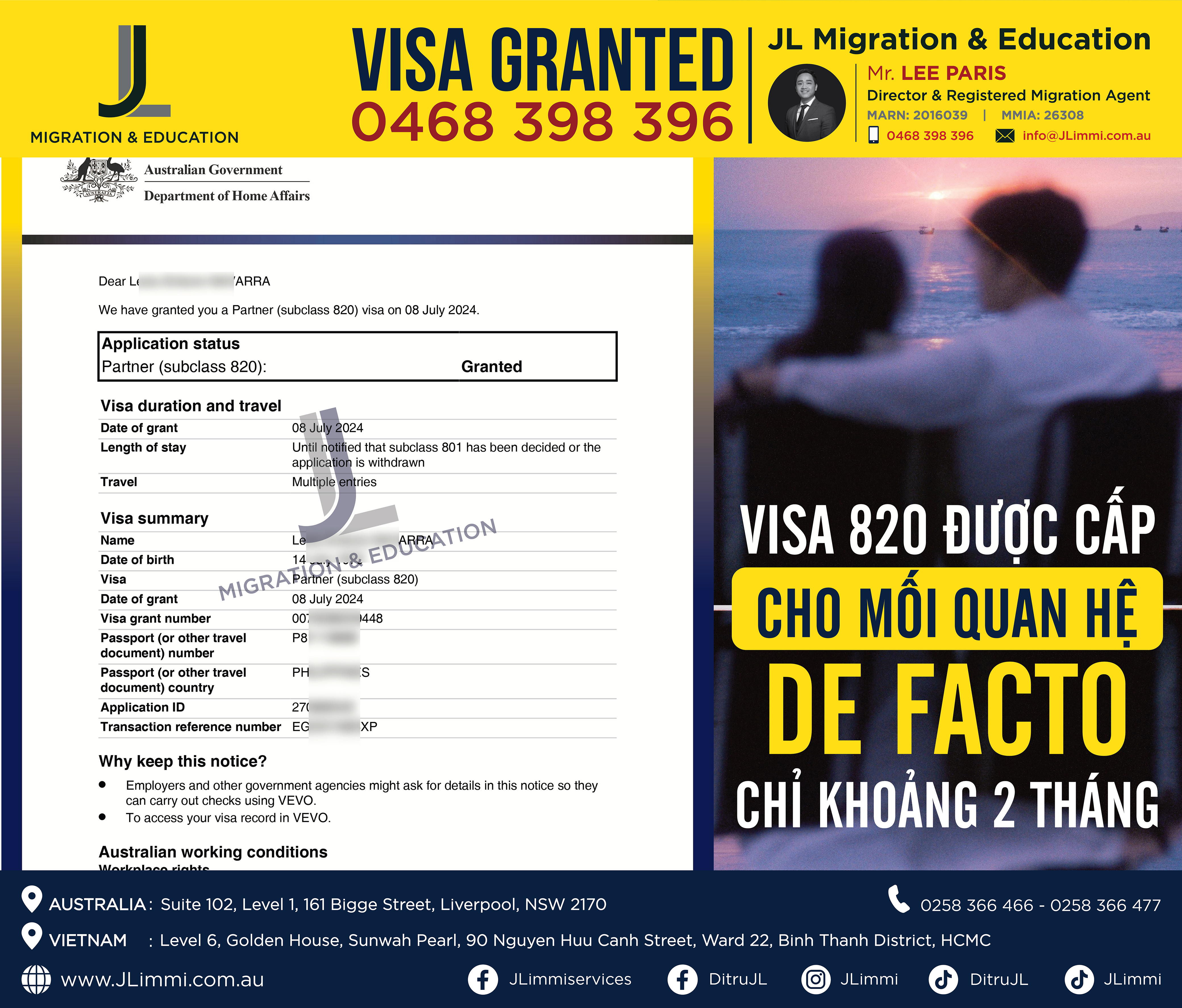 Visa 820 được cấp cho mối quan hệ de facto chỉ khoảng 2 tháng